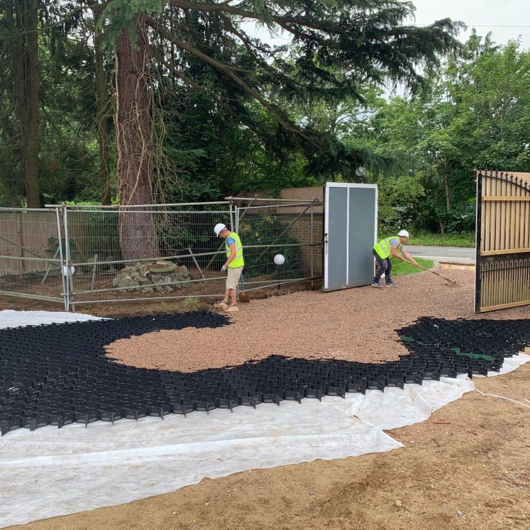 Image of tree with barrier around it for protection as Men work around it creating a driveway